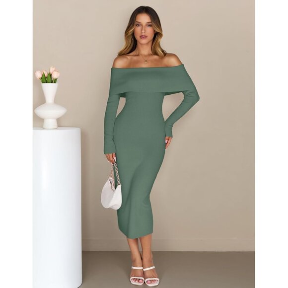 Merokeety Women's Dustygreen Off Shoulder Long Sleeve Elegant Bodycon Midi Dress - Picture 2 of 9